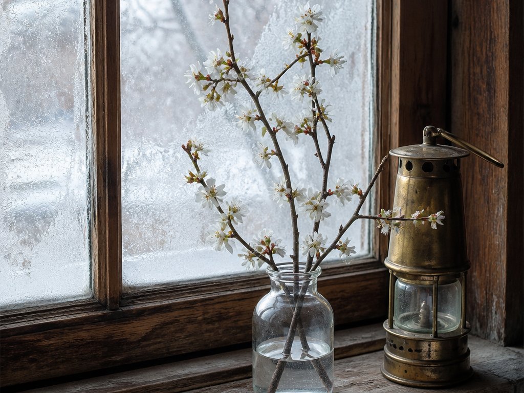 Blühende Kirschzweige in einer Glasvase am winterlichen Fenster, daneben eine alte Grubenlampe (mit AI erstelltes Bild)