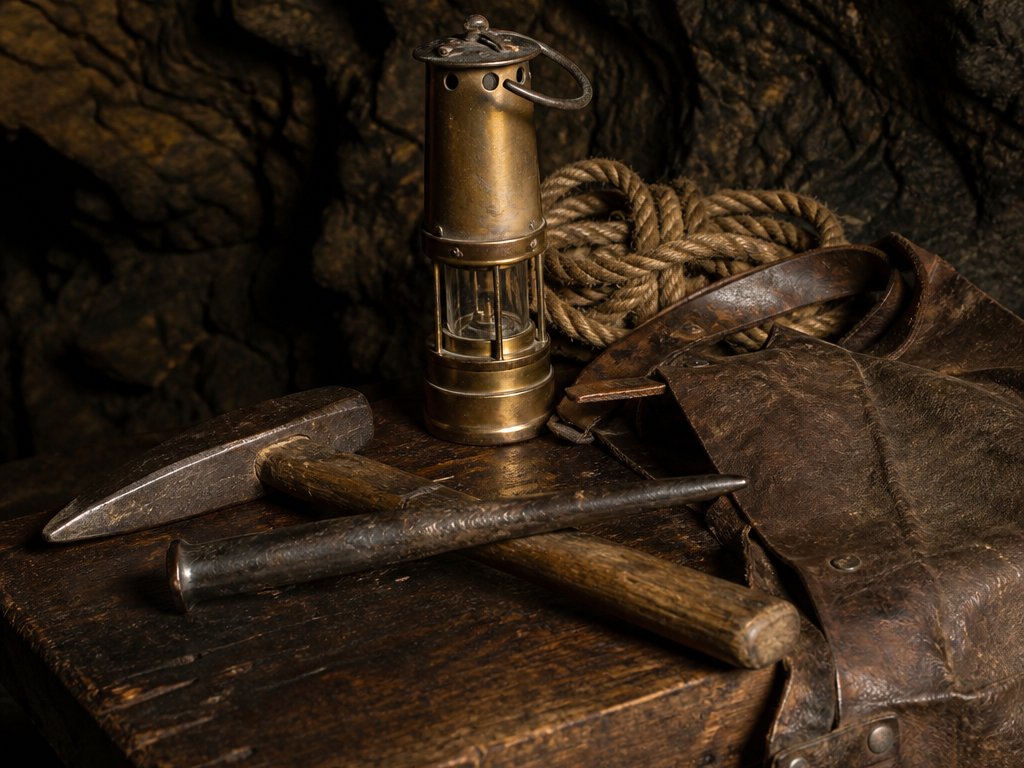 Schlägel und Eisen gekreuzt auf einer alten Werkbank, daneben eine Grubenlampe aus Messing, ein Seil und ein Arschleder aus Leder (mit AI erstelltes Bild)