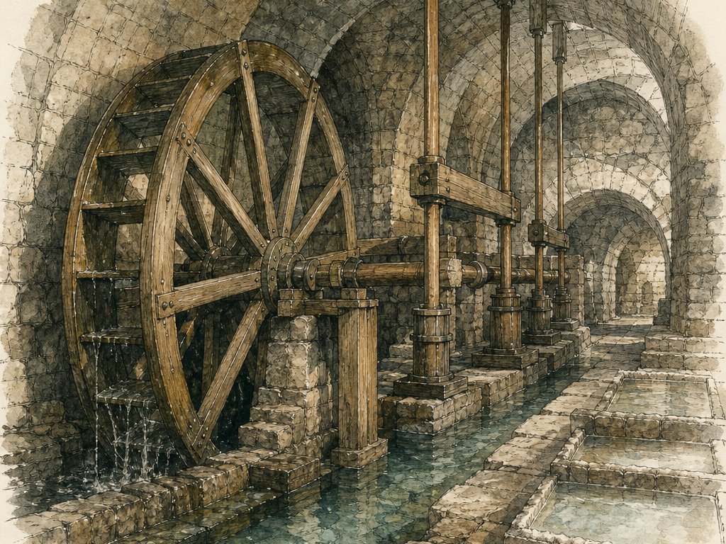Zeichnung: unterirdische Brunnhalle mit großem hölzernem Wasserrad und Pumpgestänge