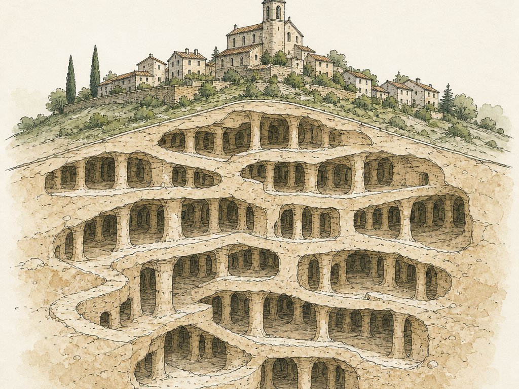 Zeichnung: Schnitt durch einen Hügel mit Altstadt oben und einem Labyrinth aus Sandstollen darunter