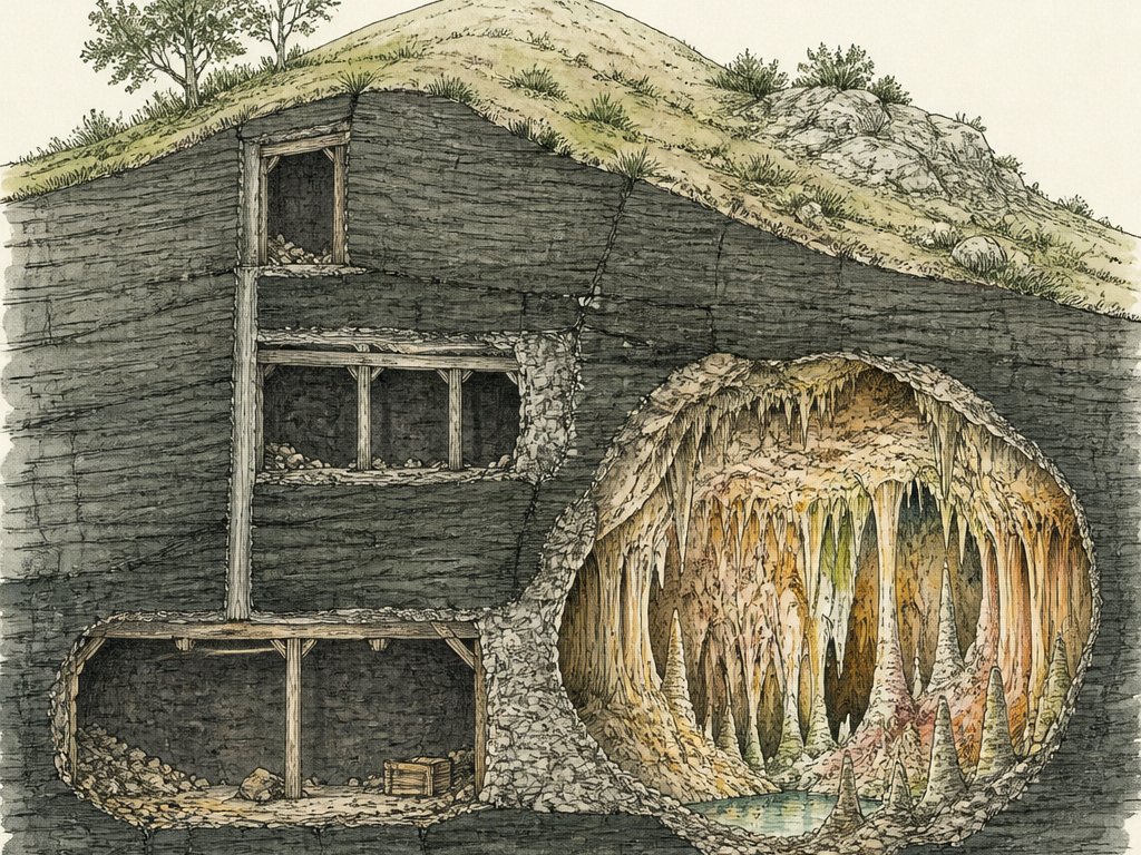 Zeichnung: Schnitt durch einen Hügel mit alten Grubenräumen im Schiefer und einer Grotte mit farbigen Tropfsteinen