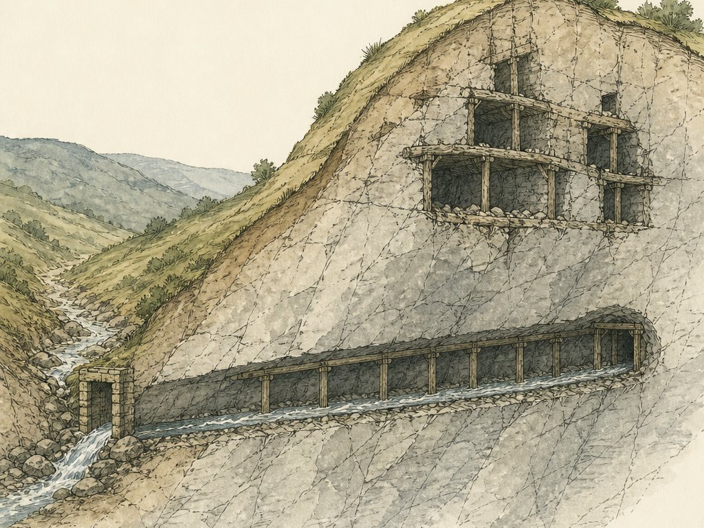 Zeichnung: Entwässerungsstollen vom Tal in den Berg unter älteren Erzgruben