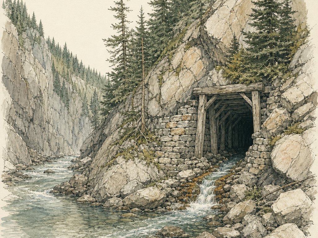 Zeichnung: Stollenmundloch am Fuß einer felsigen Flussschlucht, Wasser fließt aus dem Stollen