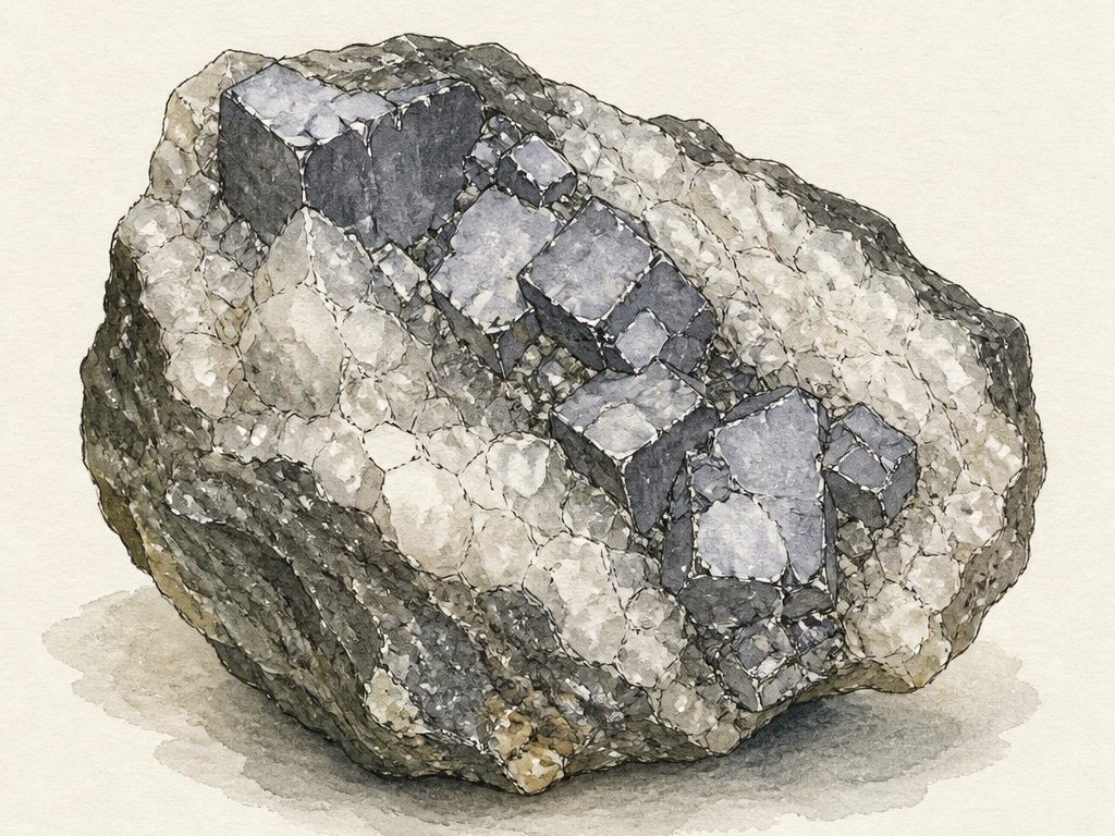 Zeichnung: Erzstufe mit grauem Bleiglanz in weißem Quarz