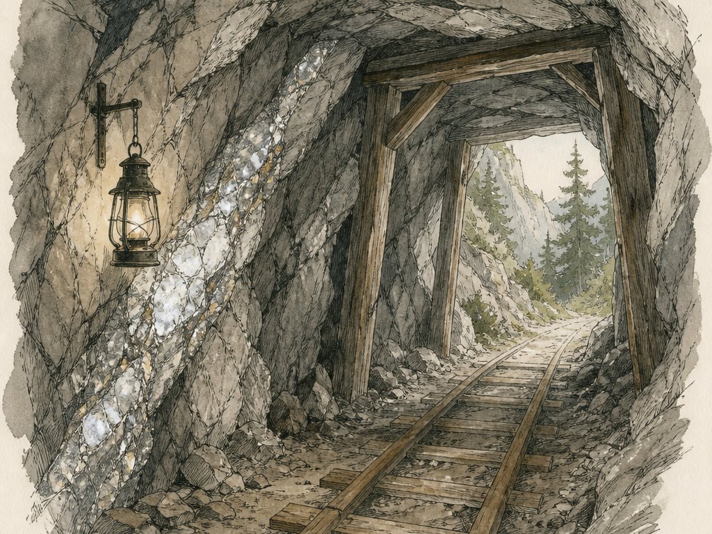 Zeichnung: Stollen im grauen Gneis mit silbrig glänzendem Erzgang und Grubenlampe