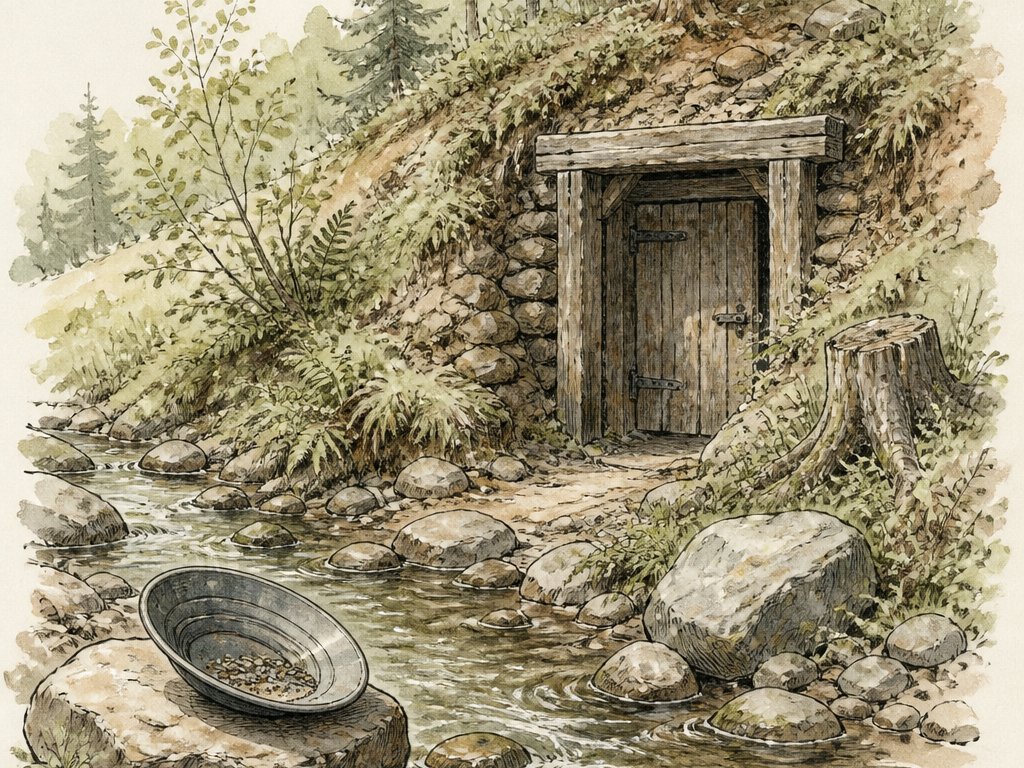 Zeichnung: kleines Stollenmundloch mit Holztür im Waldhang, davor ein Bach und eine Goldwaschpfanne