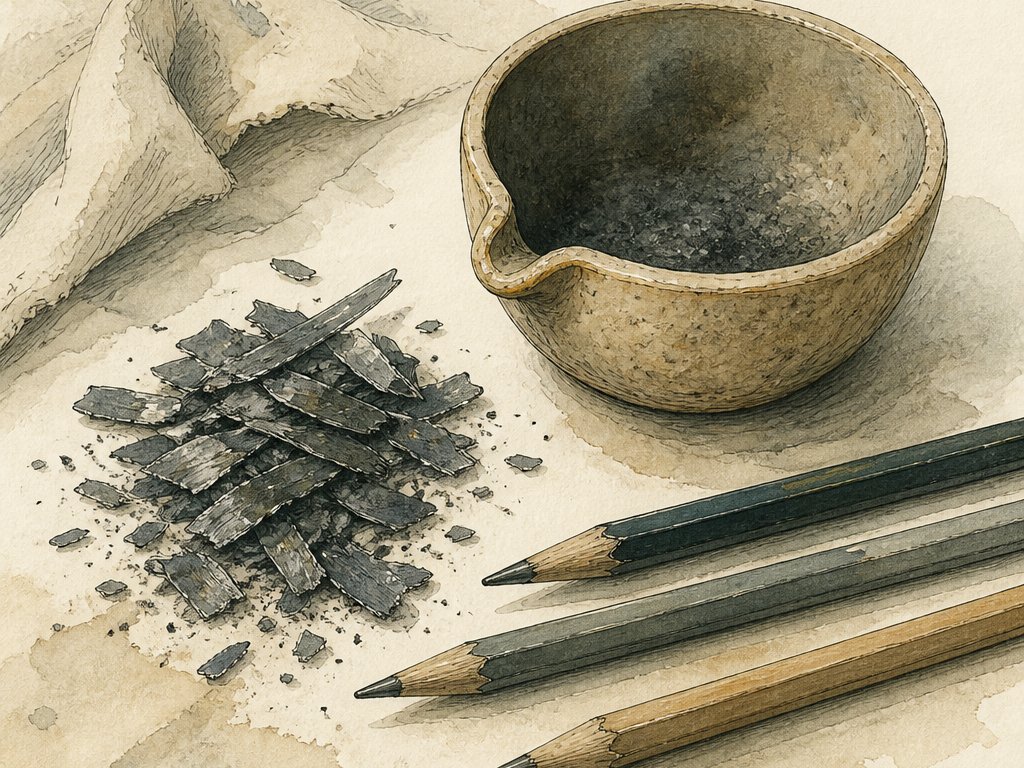 Zeichnung: Graphitschuppen, ein Schmelztiegel und Bleistifte