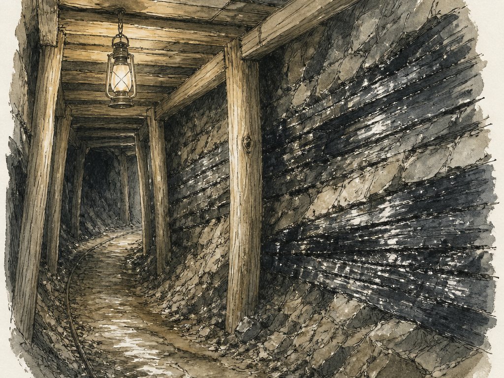 Zeichnung: Stollen mit dunkel glänzenden Graphitlagen im Fels und Holzausbau