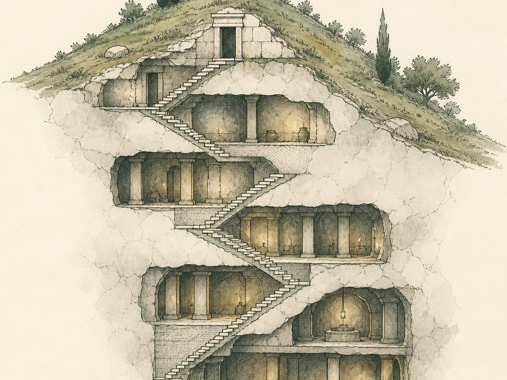 Zeichnung: Schnitt durch einen Berg mit Treppe über mehrere Sohlen