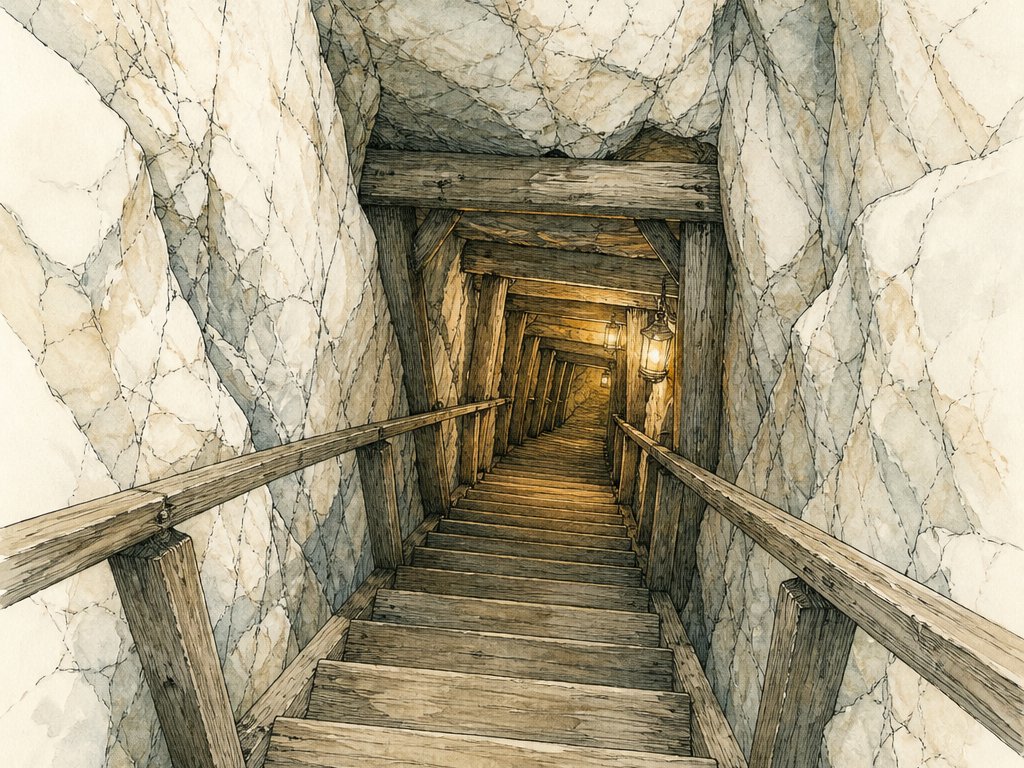 Zeichnung: steile Holztreppe führt zwischen hellem Marmor in die Tiefe