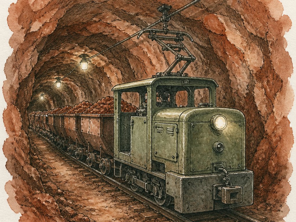 Zeichnung: kleine Grubenbahn in einem Stollen mit rotbraunen Eisenerzwänden