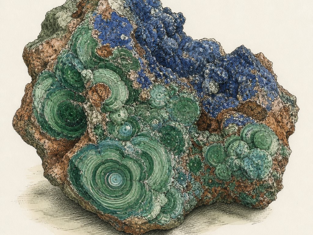 Zeichnung: Kupfererz mit grünem Malachit und blauem Azurit