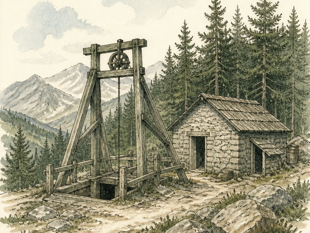 Zeichnung: kleiner hölzerner Förderturm über einem Schacht am Waldrand