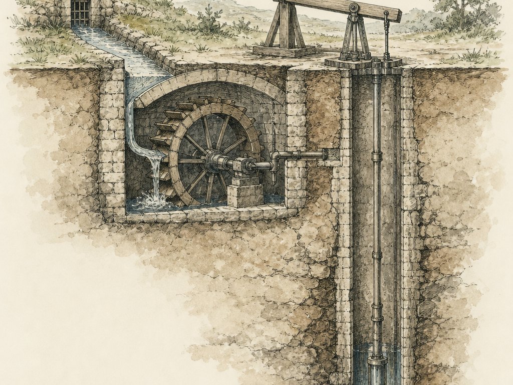 Zeichnung: Wasserrad unter Tage treibt Pumpgestänge in einem tiefen Schacht