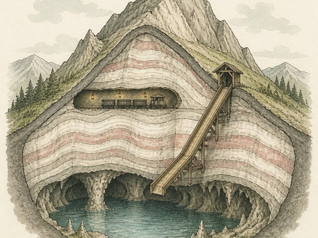Zeichnung: Schnitt durch einen Berg mit gebändertem Salzgestein, Grubenbahn, Holzrutsche und Salzsee