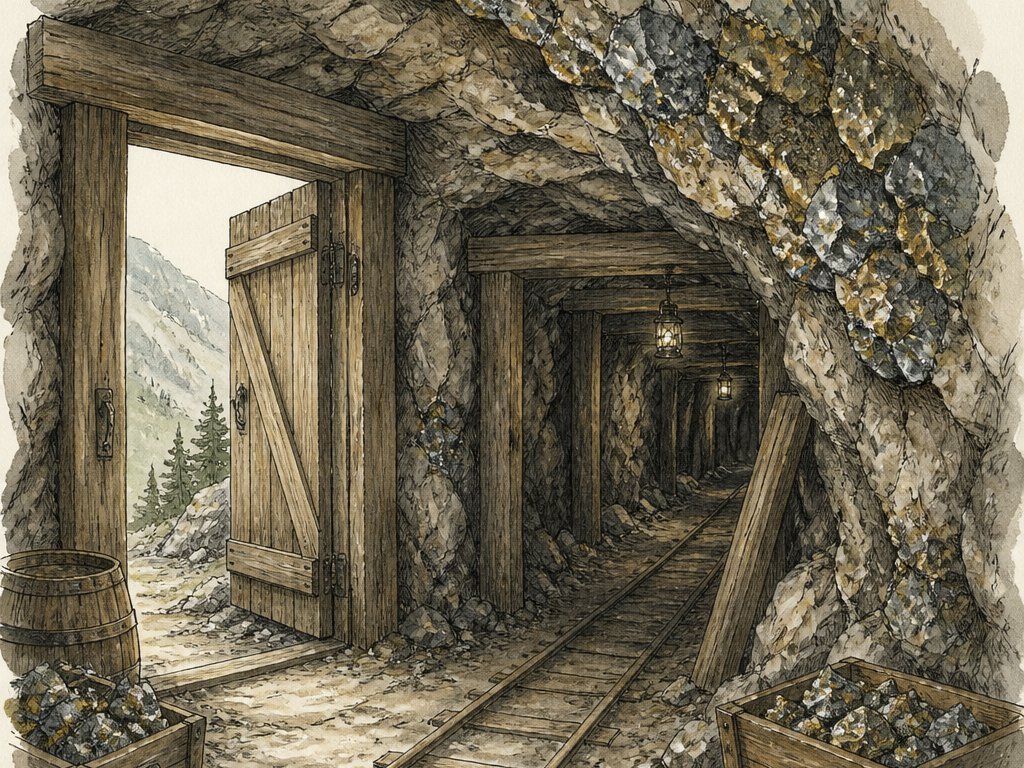 Zeichnung: Stollen im Berg mit glitzerndem Erz im Fels und Holztür am Eingang