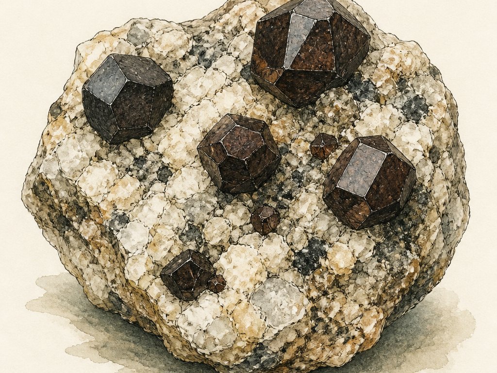 Zeichnung: dunkle Zinnsteinkristalle auf hellem Granit