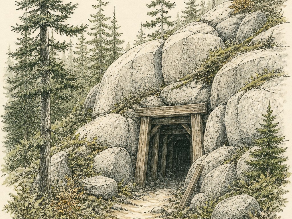 Zeichnung: kleines Mundloch zwischen großen gerundeten Granitblöcken im Wald