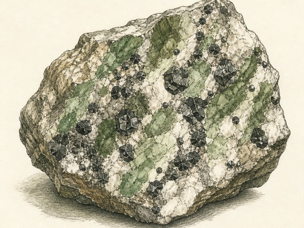 Zeichnung: Skarngestein mit grünen Mineralen und dunklen Zinnerzkörnern
