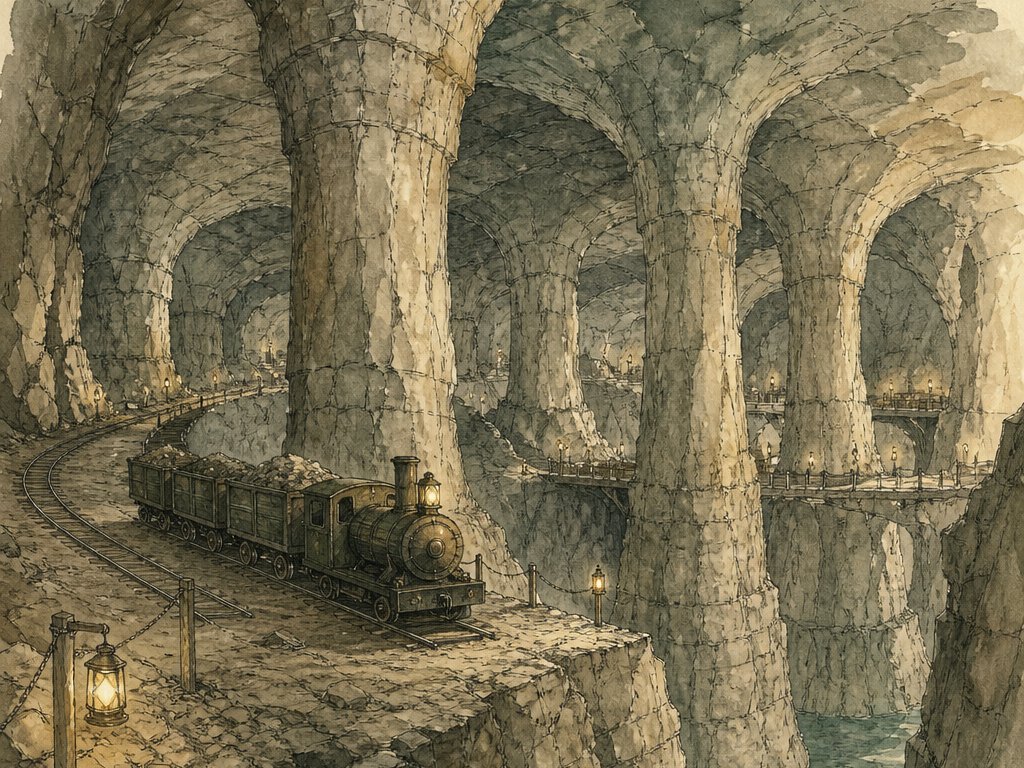 Zeichnung: riesige Kammer mit Felspfeilern, eine kleine Grubenbahn fährt hindurch
