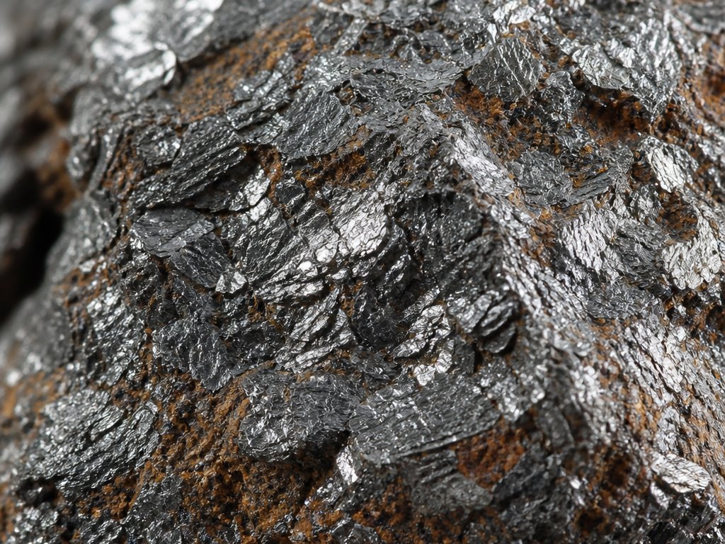 Nahaufnahme von Eisenglimmer: silbrig glänzende Schuppen auf dunklem Gestein (mit AI erstelltes Bild)