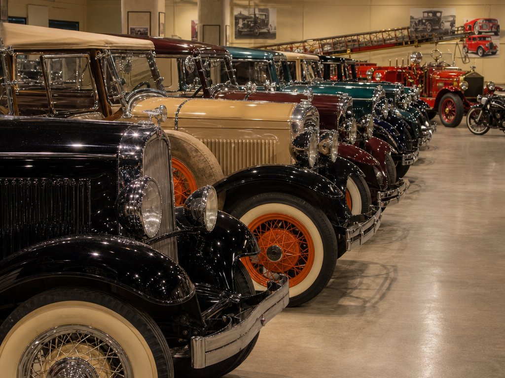 Symbolbild: Reihe von Oldtimern in einer Museumshalle, dahinter ein historisches Feuerwehrfahrzeug (mit AI erstelltes Bild)