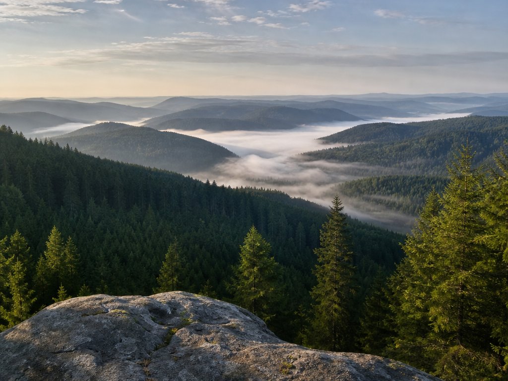 Blick von einem Granitfelsen über bewaldete Mittelgebirgsrücken, Morgennebel in den Tälern (mit AI erstelltes Bild)