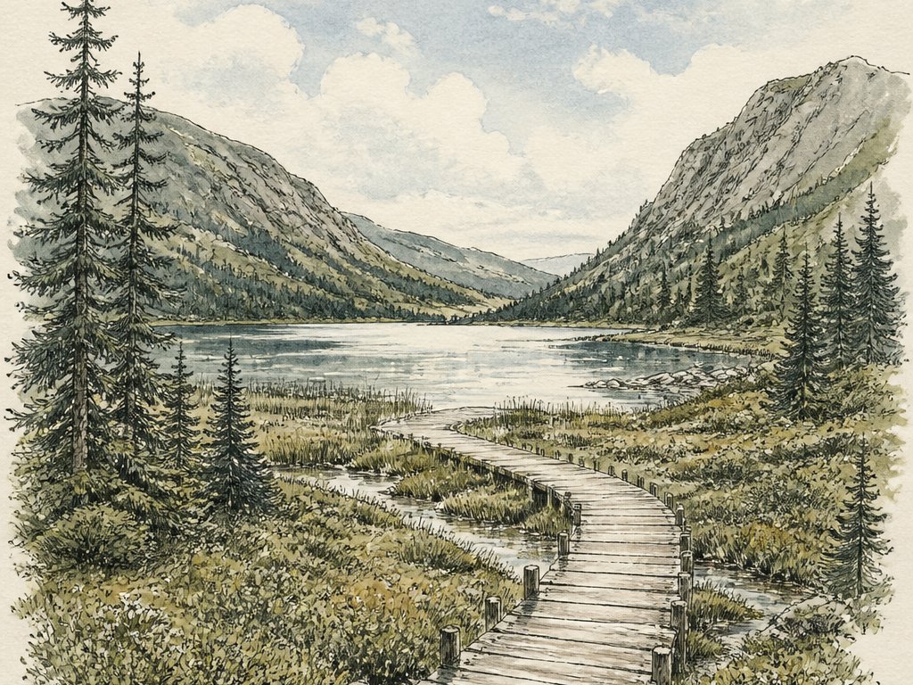 Aquarell: kleiner See zwischen bewaldeten Bergen, Holzsteg über ein Moor