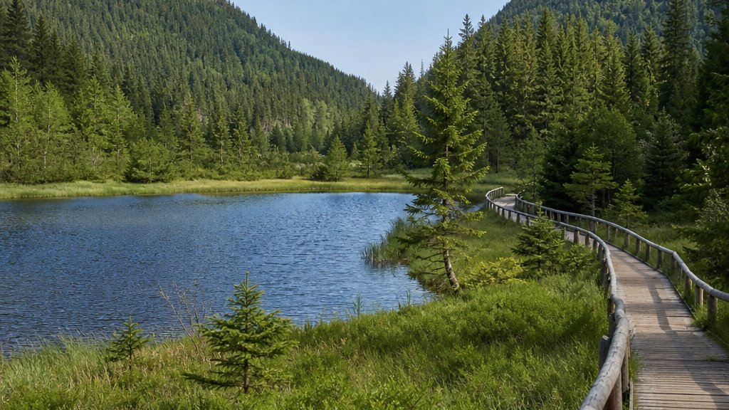Kleiner Waldsee zwischen zwei bewaldeten Bergen mit Holzsteg am Ufer (mit AI erstelltes Bild)
