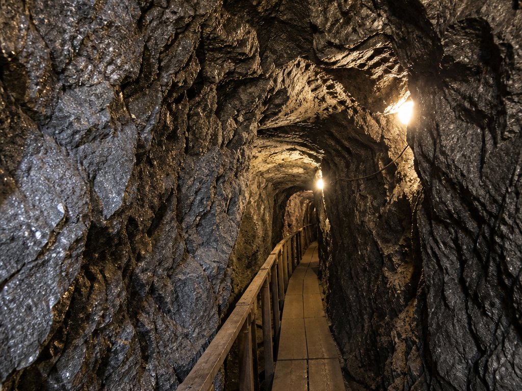 Handgeschlagener Stollen im Granit mit Lampen und Holzsteg (mit AI erstelltes Bild)