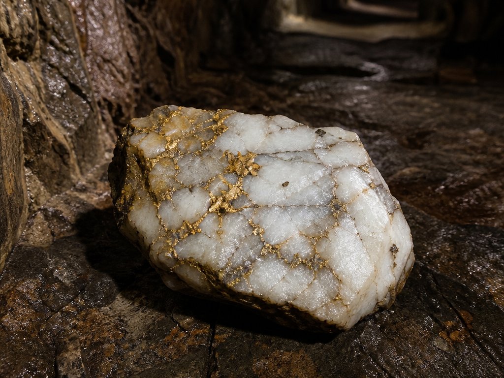 Weißer Quarz mit feinen Adern und Körnern von Freigold auf nassem Fels im Licht einer Grubenlampe (mit AI erstelltes Bild)