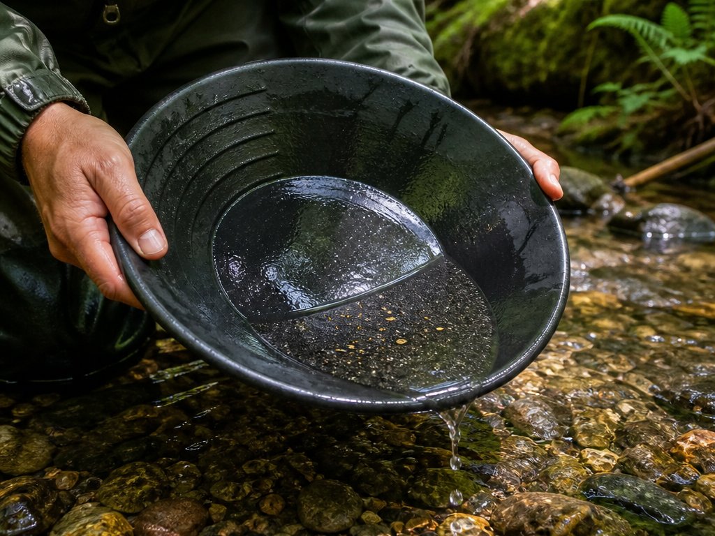 Hände halten eine dunkle Goldwaschpfanne über einem klaren Waldbach mit Kieseln (mit AI erstelltes Bild)