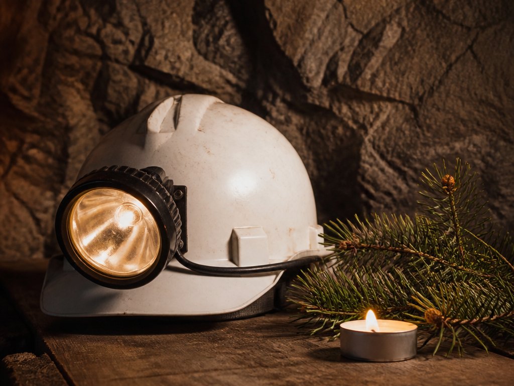 Weißer Grubenhelm mit Lampe auf einem Holztisch neben einem Tannenzweig und einer brennenden Kerze (mit AI erstelltes Bild)