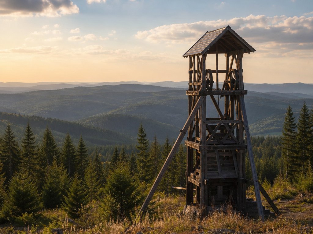 Hölzerner Förderturm am Waldrand, dahinter bewaldete Mittelgebirgshügel im Abendlicht (mit AI erstelltes Bild)