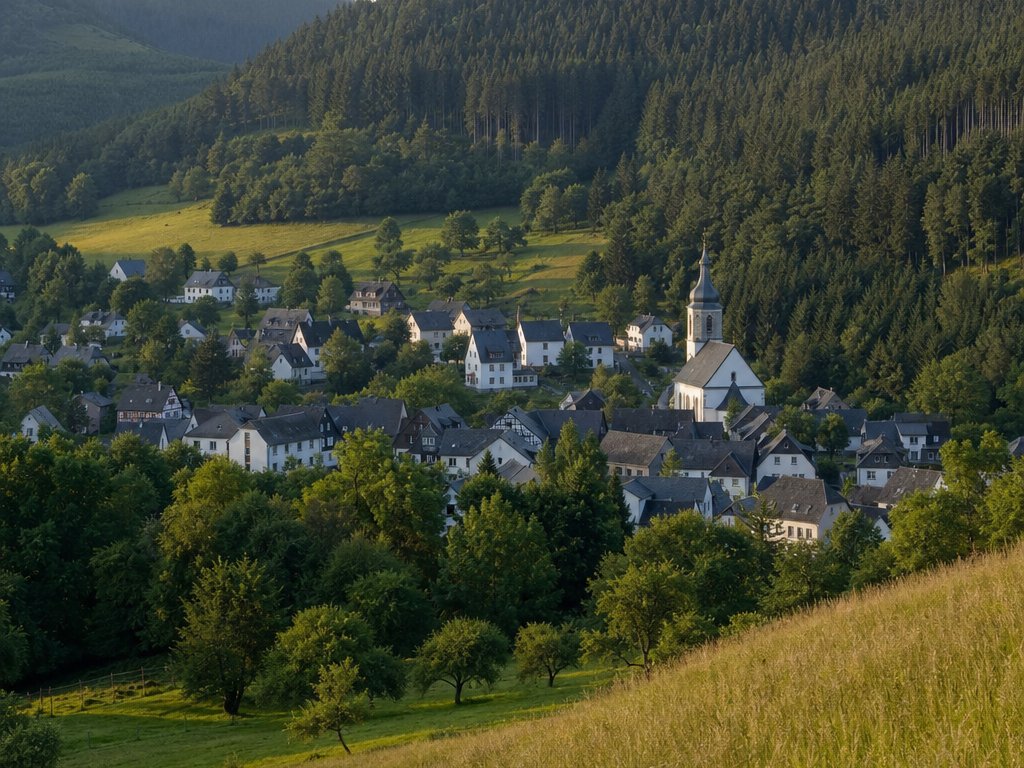 Symbolbild: Dorf mit Kirchturm in einem bewaldeten Mittelgebirgstal im Abendlicht (mit AI erstelltes Bild)