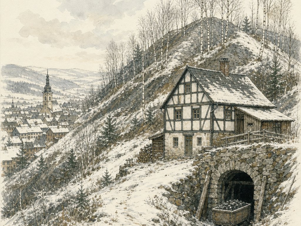Zeichnung: Fachwerk-Huthaus über einem Stollenmundloch am verschneiten Hang, unten eine Bergstadt mit Kirchturm