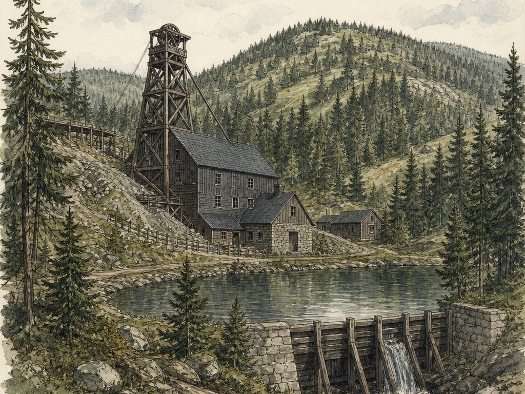 Zeichnung: Bergwerksgebäude mit hölzernem Förderturm und Kunstteich mit Damm in bewaldeten Harzbergen