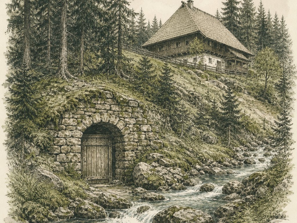 Zeichnung: gemauertes Stollenmundloch im Fichtenwald an einem Bach, darüber ein Schwarzwaldhof