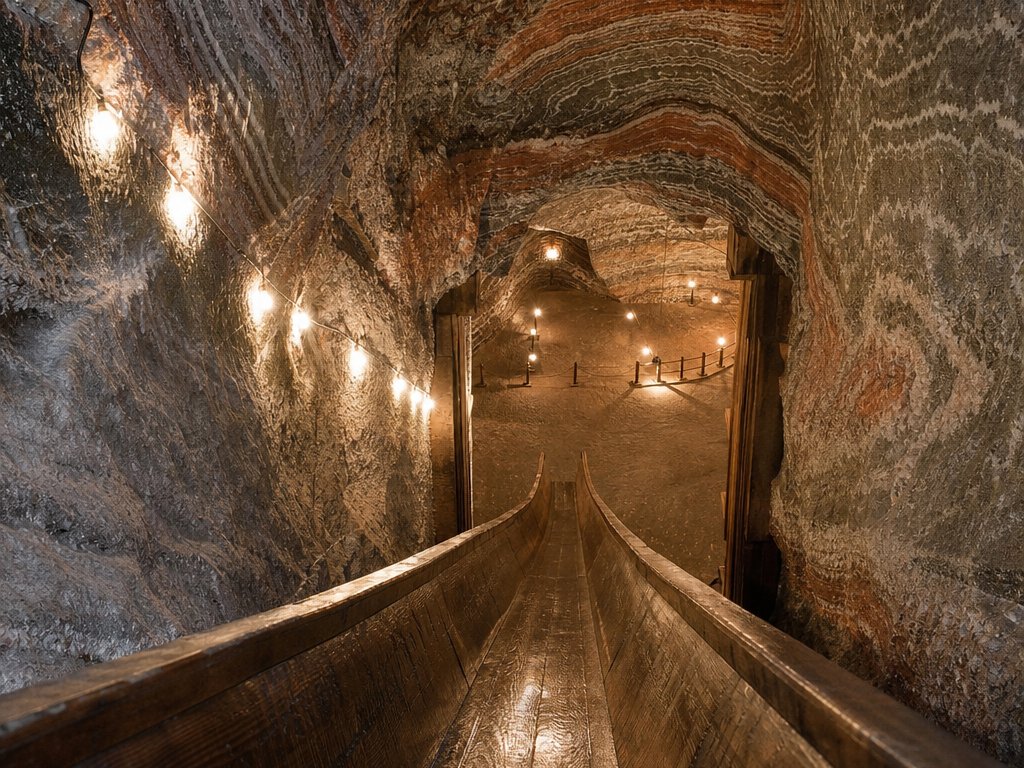 Stollen mit gebändertem Steinsalz an den Wänden, eine lange Holzrutsche führt in eine beleuchtete Halle (mit AI erstelltes Bild)