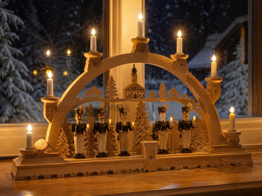 Geschnitzter Schwibbogen mit Bergmannsfiguren und brennenden Kerzen im Fenster, draußen Schnee und Nacht (mit AI erstelltes Bild)