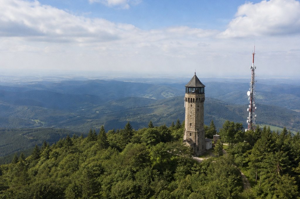 Bewaldeter Berggipfel mit Aussichtsturm und Sendemast (mit AI erstelltes Bild)