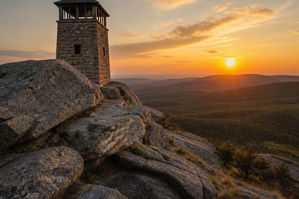 Felsiger Granitgipfel mit kleinem steinernem Aussichtsturm im Abendlicht (mit AI erstelltes Bild)